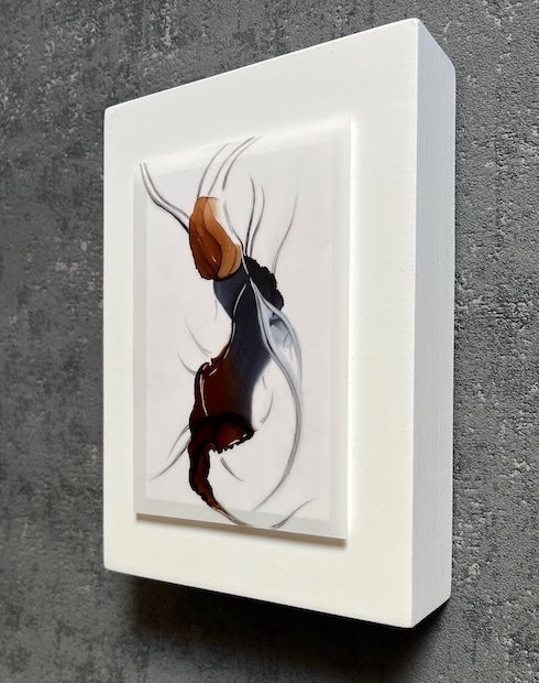 Earthy art blending elements of surrealism with abstract, creating a depiction of a forest spirit through flowing colours and lines, hung on a grey wall.