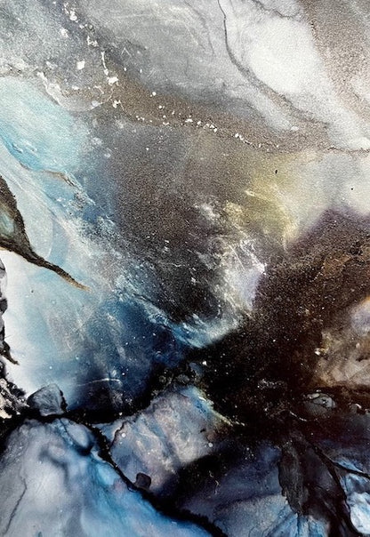 Close-up of an abstract artwork with ocean blue colours and shades of moody black.