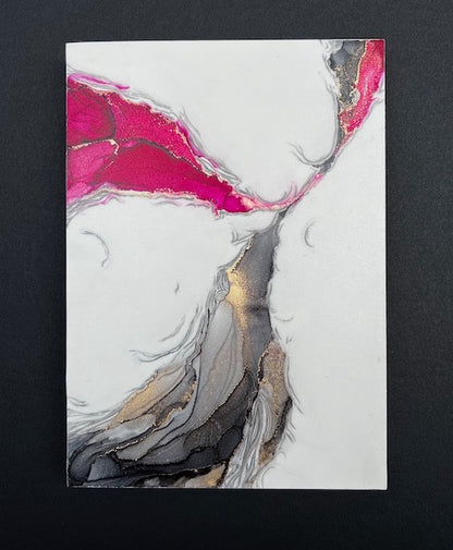 Art for gallery walls featuring fantasy wings in pink, grey and gold colours on a black background, inspired by feminine cycles, womb power and mythological creatures.