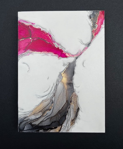 Art for gallery walls featuring fantasy wings in pink, grey and gold colours on a black background, inspired by feminine cycles, womb power and mythological creatures.