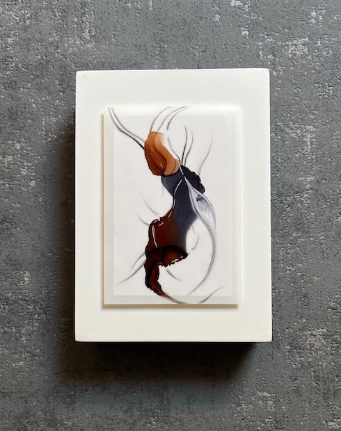 Moody art of a forest spirit with a dark aesthetic, inspired by hybrid creatures. This original art for sale combines abstract and surrealism, and is float mounted on a white cradled panel, hung on a grey wall.