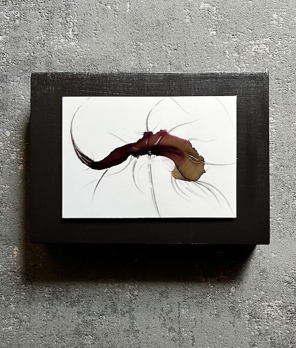 Surreal art for walls featuring dark colours with lines that flow out, creating an organic form that lends its shape from leaves, flowers and animals of the deep. Intriguing and unusual art mounted to a dark cradled board.