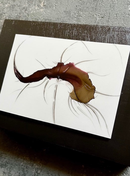 Symbolism art of decay and death hand painted in a dark aesthetic, featuring original art of a hybrid animal. This symbolic artwork is mounted on a black panel that has been hung on a grey wall.