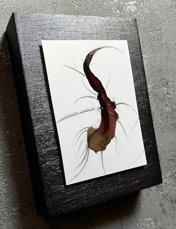 Symbolism art featuring original art of a animal hybrid, hand painted in a dark aesthetic and mounted on a black panel for hanging.