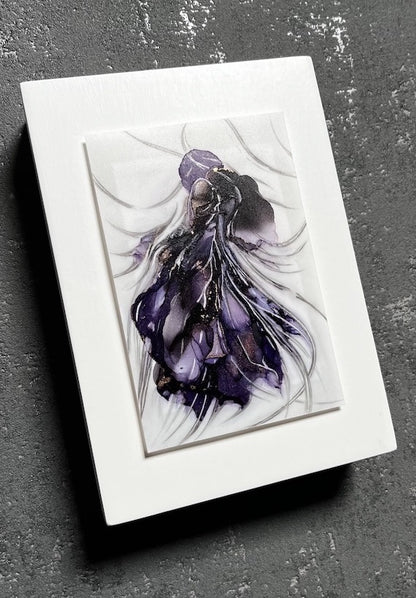Symbolism art of transformation in which purple and black colours coalesce into a hybrid animal. This moody art is mounted on a white panel and hung on a dark grey wall.